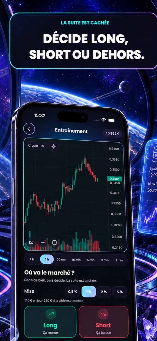 Écran d’entraînement TradaZen : un graphique crypto réel, la suite cachée, et les boutons Long et Short.