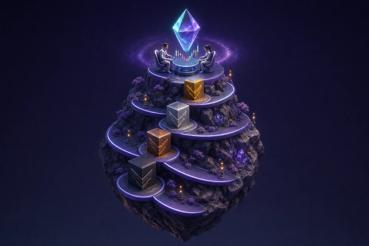 Un astéroïde en spirale : des blocs de fer, de bronze, d’argent et d’or, un diamant au sommet, deux joueurs en duel autour d’un graphique.