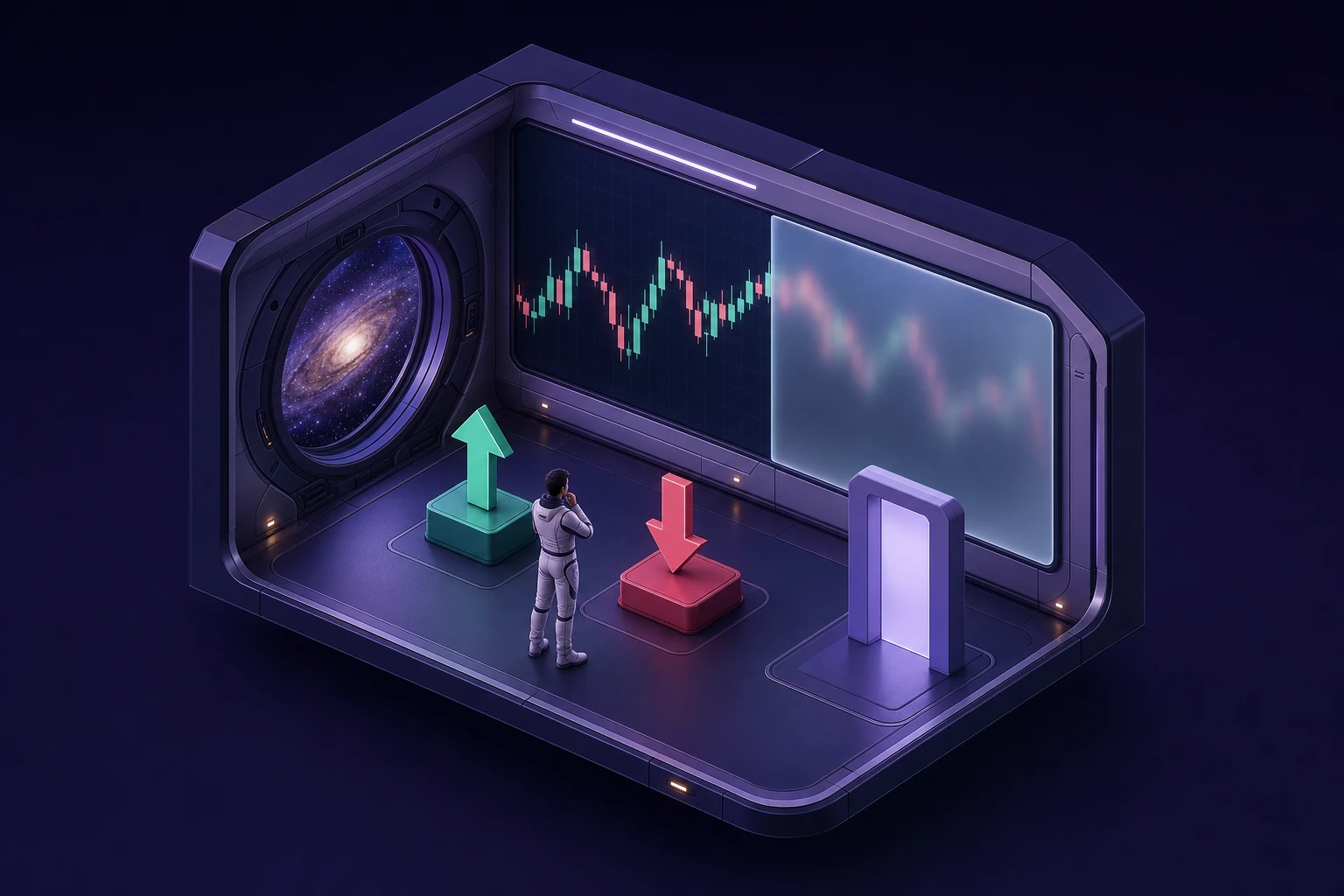 Une salle d’entraînement : un graphique dont la suite est sous verre dépoli, un socle vert, un socle rouge et une porte pour rester dehors.