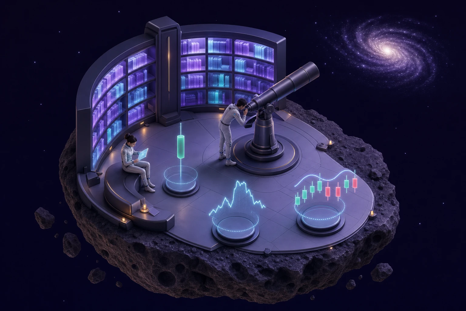 Une bibliothèque-observatoire sur un astéroïde, des hologrammes de bougie et de moyenne mobile.
